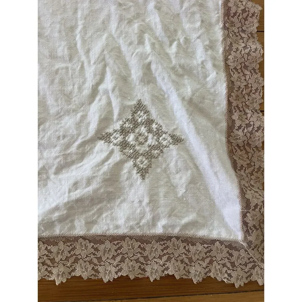 Vintage White Embroidered Cross Stitch 100% Linen Tablecloth 76x64 - Read Flawed